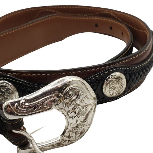 Justin Brown Black Leather Belt Braided Western Conchos Silver Tooled Buckle 30 - Picture 10 of 13